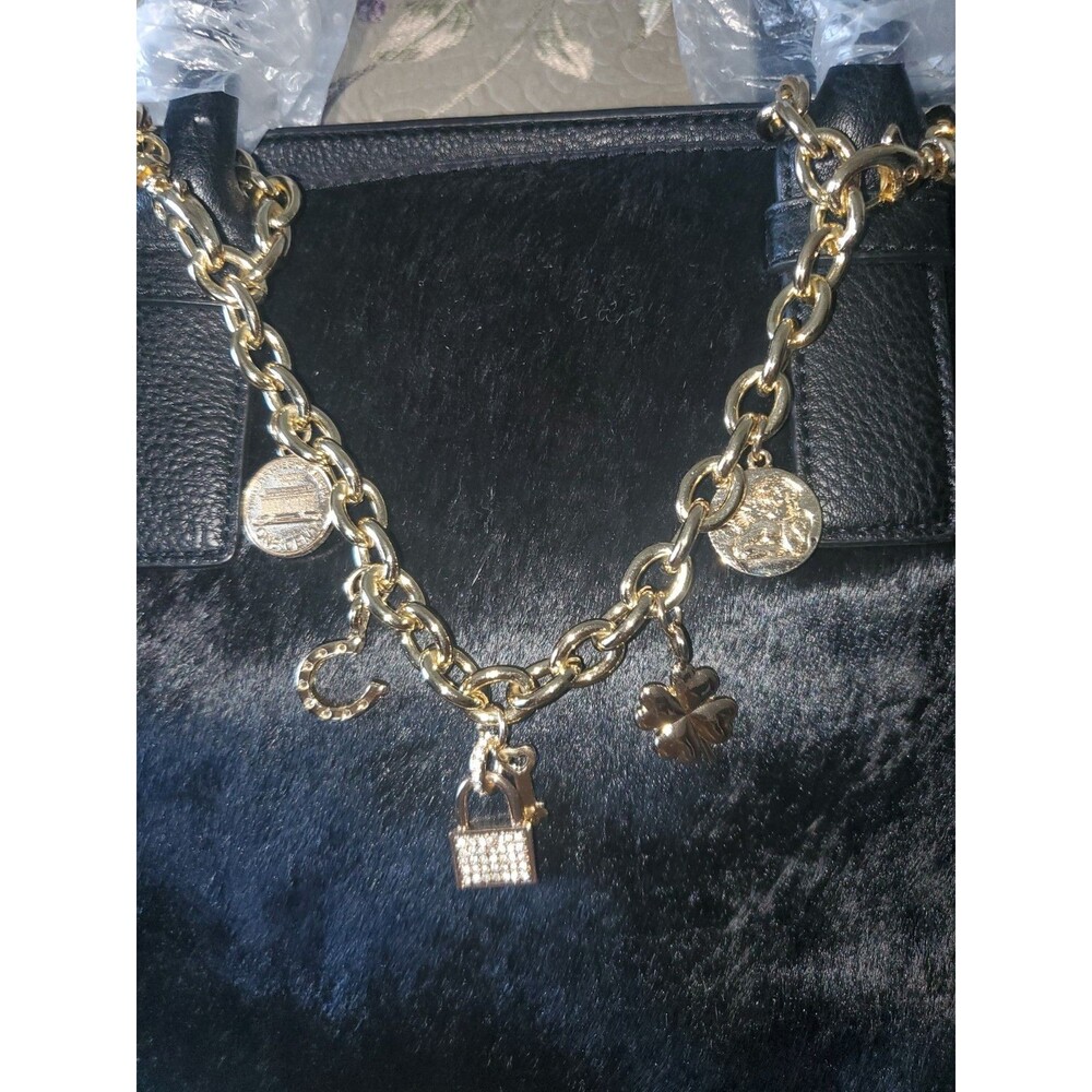 NWT Carol Brodie Black Leather & Haircalf Satchel with Gold Lucky Charms - Picture 2 of 16